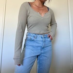 TNA aritizia waffle knit olive Long Sleeve Crop Top